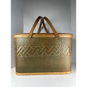 Vintage 1976 Green Hawkeye Burlington Picnic Basket Woven Metal Handles